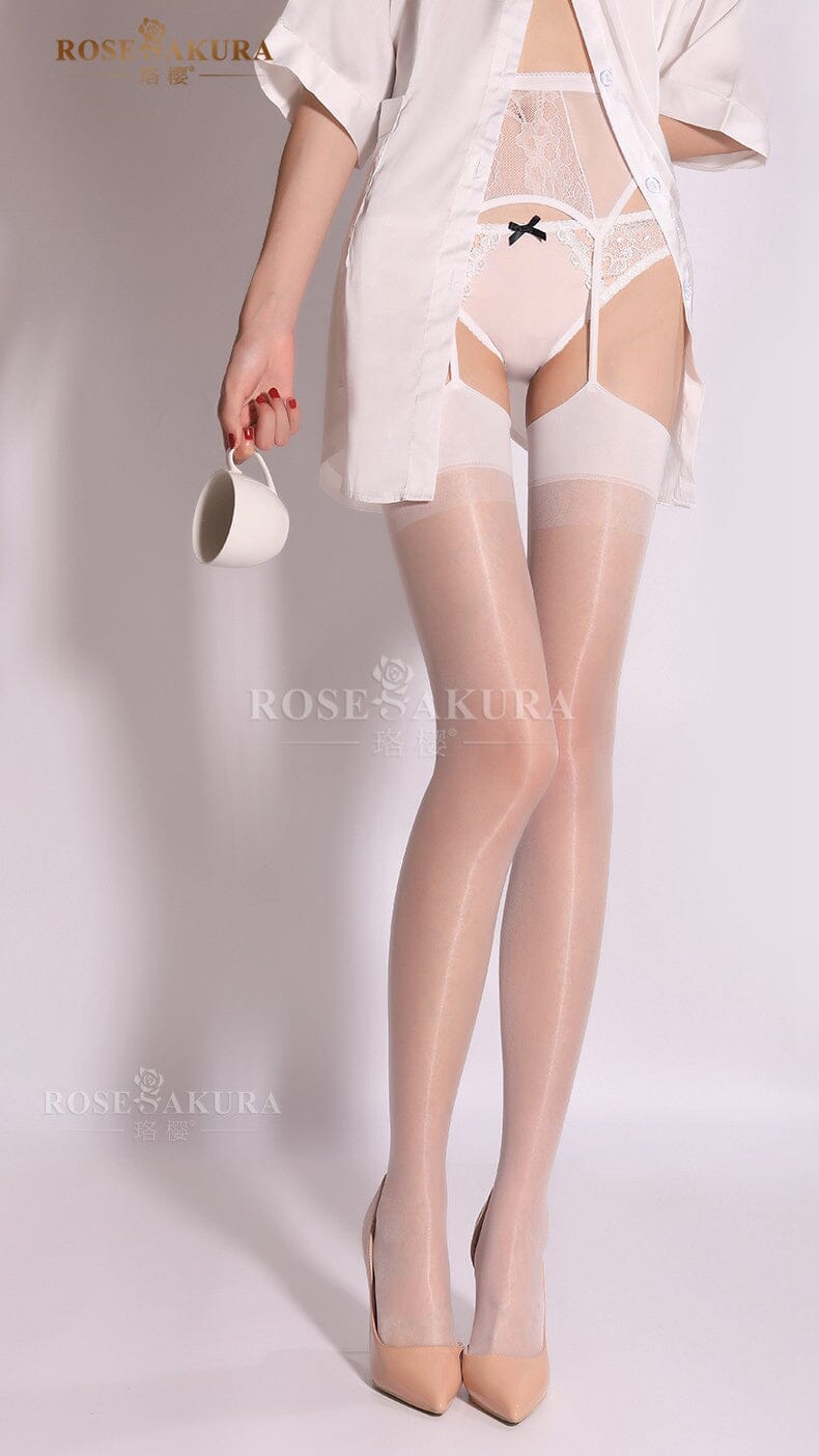 [Retro] Ultra Sheer Glossy Lace Integrated Suspender Wide Brimmed Stockings