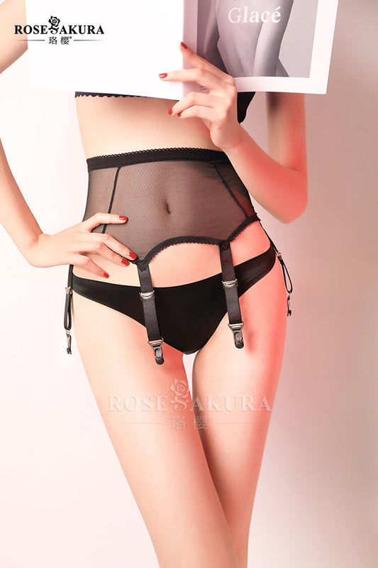 Rose Sakura Black / White Lace Mesh Suspender Belt