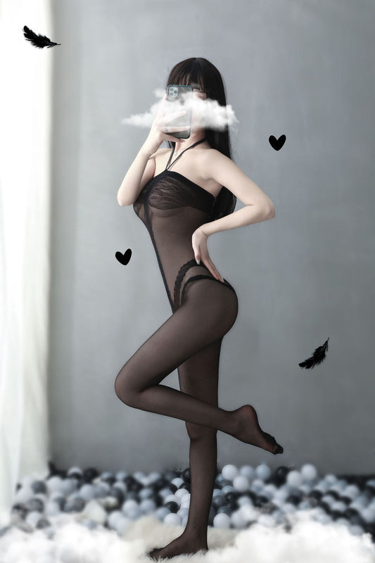 Sexy black stripe print halter crotchless bodystocking - Ling lingerie