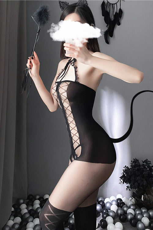 Sexy Cross Strap Lace Halterneck Sling Crotchless Bodystocking - Ling lingerie