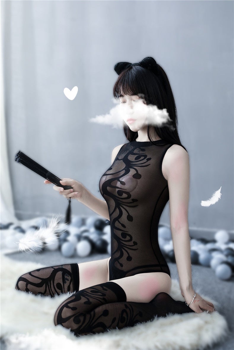 Sheer halter teddy W/ Matching stockings - Ling lingerie