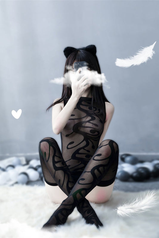 Sheer halter teddy W/ Matching stockings - Ling lingerie