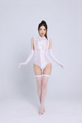 Shiny Spandex Lycra Solid Color Sleeveless Bodysuit With Glove Stockings