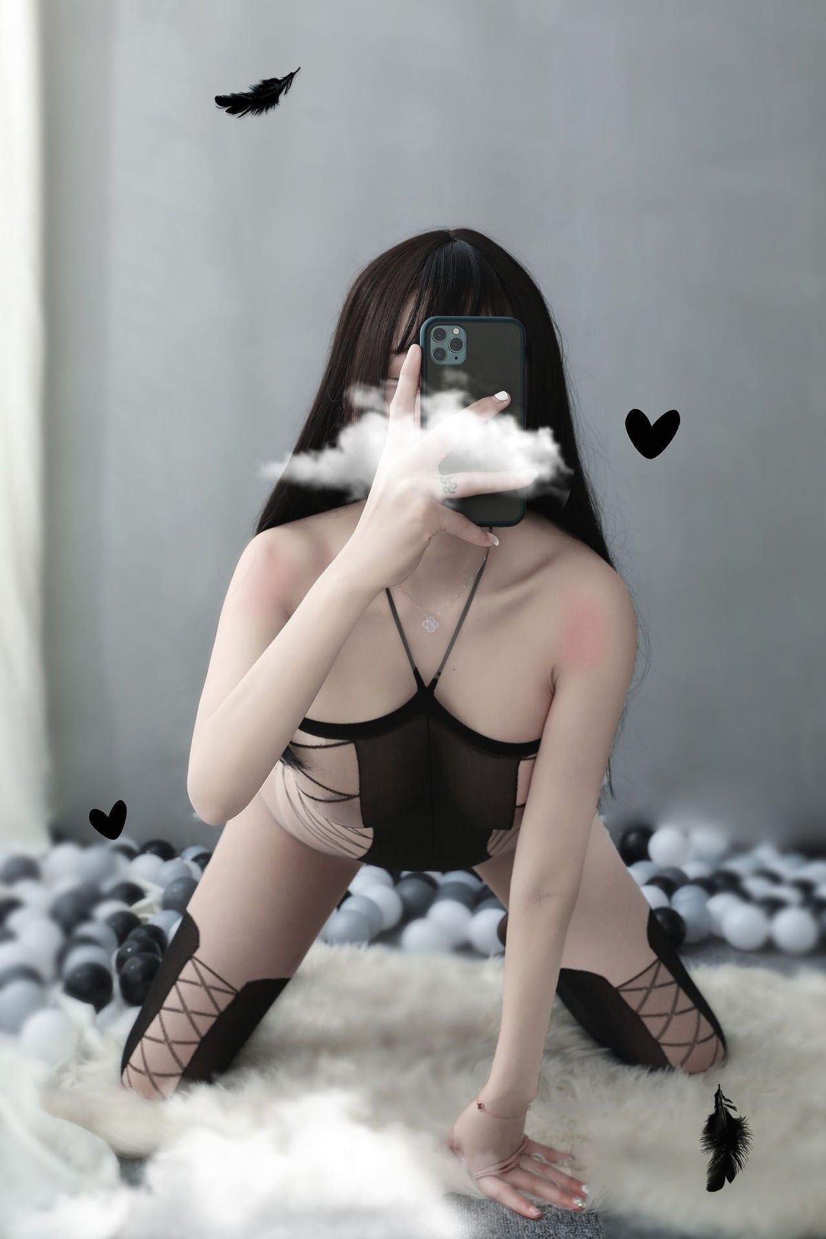 Transparent mesh print hanging neck crotchless bodystocking - Ling lingerie