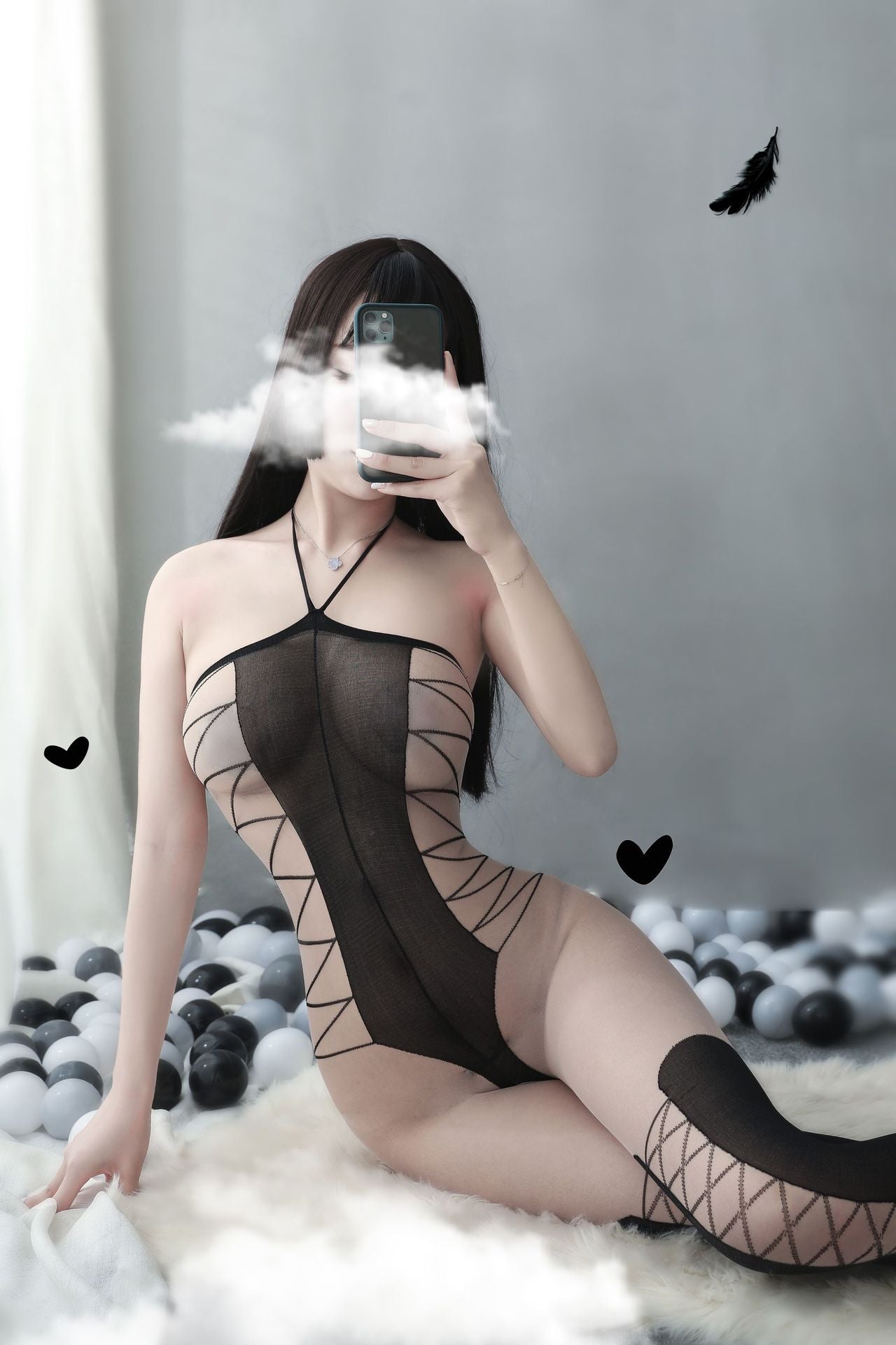 Transparent mesh print hanging neck crotchless bodystocking - Ling lingerie