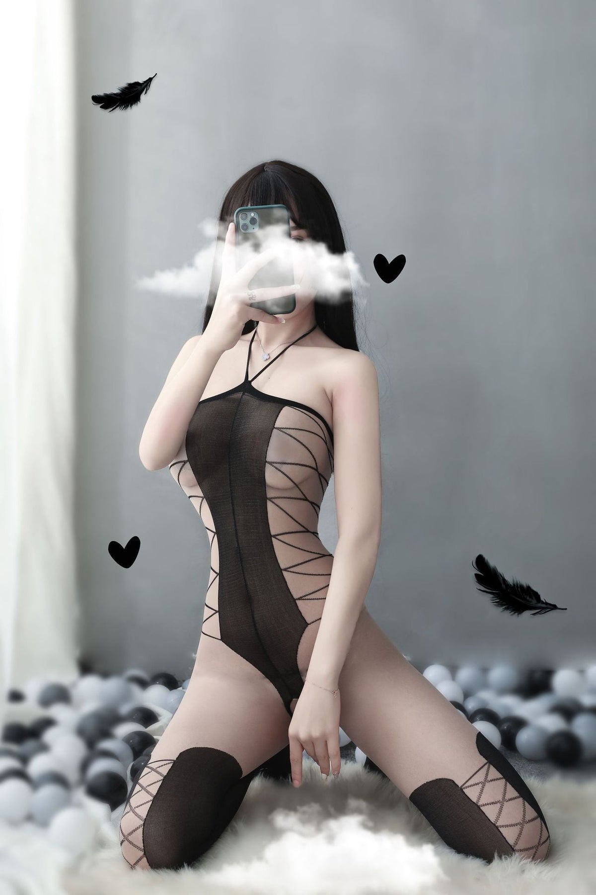 Transparent mesh print hanging neck crotchless bodystocking - Ling lingerie
